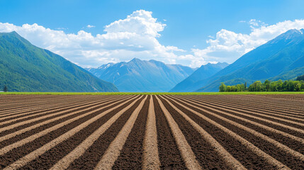 Wall Mural - beautiful rural landscape featuring plowed field with mountain backdrop and clear blue sky