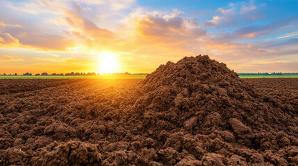 Wall Mural - sunset over plowed field with rich brown soil, fertilizer manure and vibrant clouds, creating serene