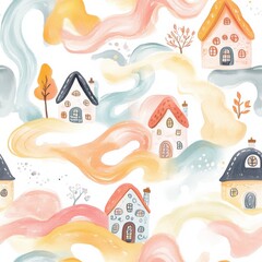 Poster - Watercolor Doodle Village: Seamless Pattern of Whimsical Houses and Pastel Landscapes for Children's Decor