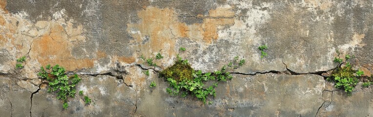 Poster - Weathered concrete surface with mossy green plants thriving in cracks, showing resilience and the power of nature in a rustic setting