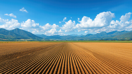 Wall Mural - beautiful rural landscape featuring vast field with furrows under bright blue sky