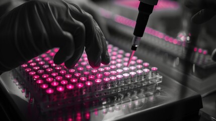 Poster - Researcher in biotechnology lab wearing gloves stock photo --ar 16:9 --raw --v 6 Job ID: dc865764-cb75-4bb6-8618-baa48e88348c