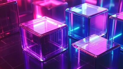 Aufkleber - Abstract neon cubes with dynamic glowing lights and reflections
