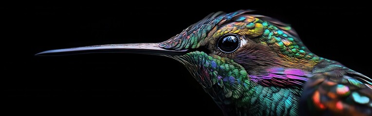 Poster - Vivid Close-Up of a Hummingbird's Iridescent Head and Beak Against a Black Background