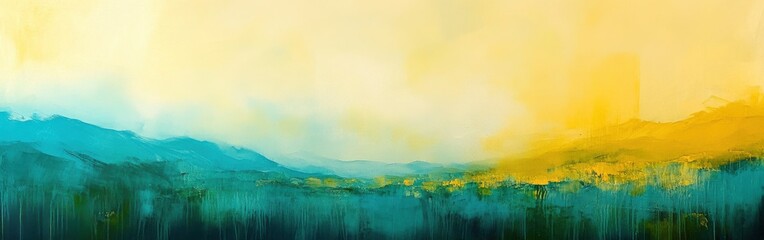 Aufkleber - Vibrant abstract landscape painting with fluid teal mountains and contrasting yellow sky creates serene and expressive artwork