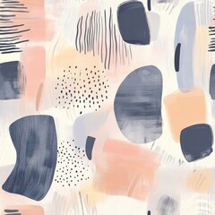 Poster - Abstract painting seamless pattern featuring brush strokes, shapes, dots in pastel pink and navy blue, creating a modern and playful design.