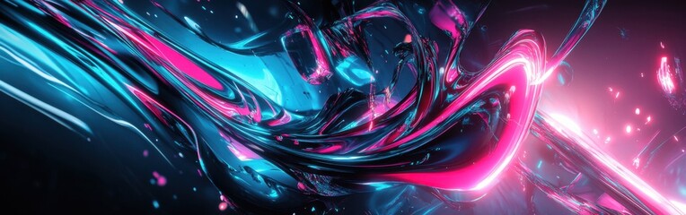 Poster - Futuristic wave design in shades of neon pink and cyan, featuring sleek, flowing, and glossy abstract shapes with dynamic lighting effects