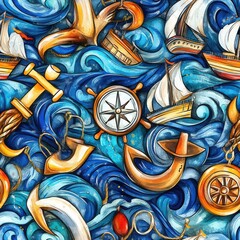Poster - Nautical Cartoon: Playful Watercolor Seamless Pattern with Anchors, Ships, Wheels, and Whimsical Waves