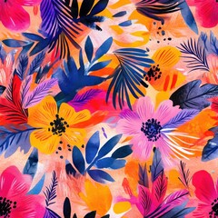 Poster - Vivid Watercolor Floral Pattern with Exotic Tropical Leaves and Bright Flowers for Textile Design and Artistic Backgrounds