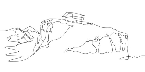 Poster - Continuous one line drawing house on a cliff.Modern house on top of a mountain.Building on a hillside.One continuous line isolated minimal illustration.Not AI.