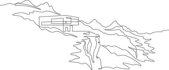 Poster - Continuous one line drawing house on a cliff.Modern house on top of a mountain.Building on a hillside.One continuous line isolated minimal illustration.Not AI.
