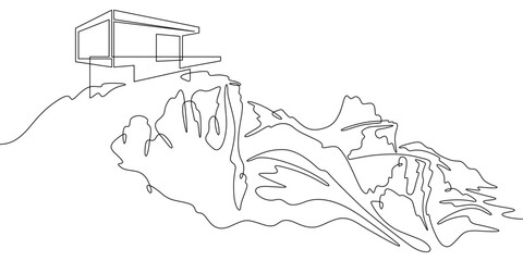 Poster - Continuous one line drawing house on a cliff.Modern house on top of a mountain.Building on a hillside.One continuous line isolated minimal illustration.Not AI.