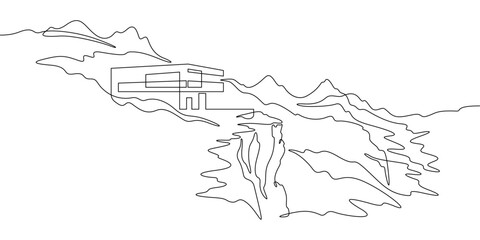 Poster - Continuous one line drawing house on a cliff.Modern house on top of a mountain.Building on a hillside.One continuous line isolated minimal illustration.Not AI.