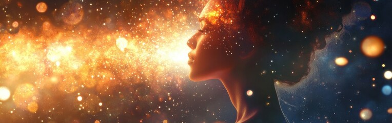 Poster - Glowing Woman Radiating Inner Light and Spiritual Energy in a Conceptual Cosmic Universe