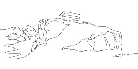 Poster - Continuous one line drawing house on a cliff.Modern house on top of a mountain.Building on a hillside.One continuous line isolated minimal illustration.Not AI.