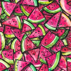 Aufkleber - Vibrant and Colorful Watercolor Painting Featuring a Chaotic Arrangement of Fresh Watermelon Slices