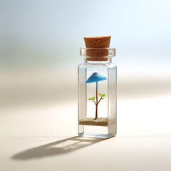 Aufkleber - Miniature World: A Blue Mushroom & Tiny Tree in a Glass Bottle, Protected by a Cork, Casting a Shadow on Cream Surface 