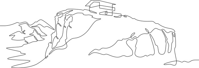 Poster - Continuous one line drawing house on a cliff.Modern house on top of a mountain.Building on a hillside.One continuous line isolated minimal illustration.Not AI.