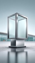 Poster - Close-up front view of a blank square poster ad on a matte metal surface, urban minimalism, subtle reflections, isolated copyspace, clean layout
