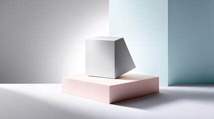Poster - Front view of a square blank ad on a pastel-colored wall, soft and clean environment, daylight setting, no text or branding