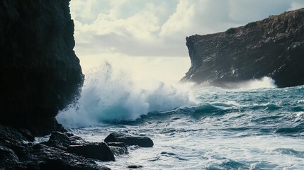  Dramatic coastal seascape featuring crashing waves and rugged cliffs on the sea