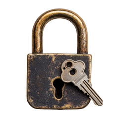 Aufkleber - A closeup view of an old padlock with a key resting beside it on a clean transparent background, Padlock key lock on transparent backgroundfile