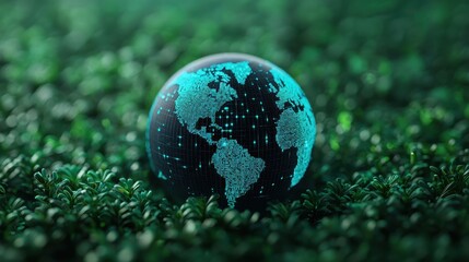 Poster - Abstract globe with digital connections on lush green background representing global technology and nature harmony