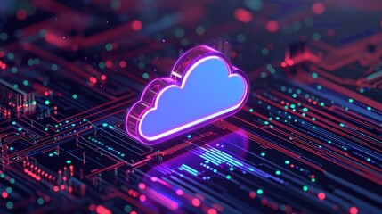 Poster - Digital Cloud Symbol Over Circuit Board Background with Vibrant Neon Colors and Technology Connection Theme