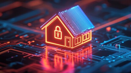 Poster - Futuristic Digital House with Lock Symbol Representing Smart Home Security Technology Concept in Neon Colors