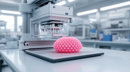 Poster - Advanced 3D Printing Technology with Pink Structure in Modern Laboratory Environment