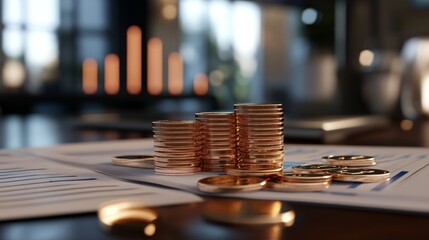 Poster - 3D business finance scene with growing gold coin stacks, budget reports, and saving account strategies, investment focus