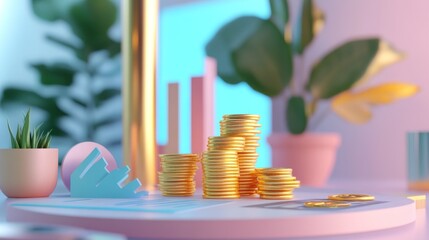 Poster - 3D business finance scene with growing gold coin stacks, budget reports, and saving account strategies, investment focus