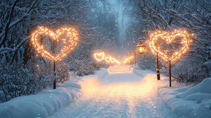 Aufkleber - Heart shaped lights illuminate snowy winter path, creating romantic and magical atmosphere with glowing lanterns and snow covered trees in peaceful park setting