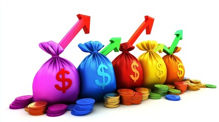 Poster - Colorful 3D rendering of financial growth with money bags, coins, and investment arrows on a white background