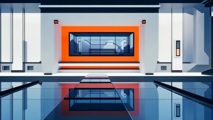 Poster - Futuristic corridor with reflective glass floors and dynamic architecture