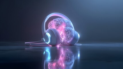 Poster - Headphones Resting on Geometric Brain Sculpture: A Fusion of Music, Technology, and Neural Connectivity with a futuristic glow.