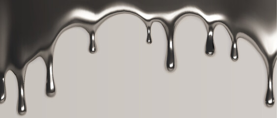 Poster - Metallic silver liquid drips border - shiny chrome fluid droplets flowing down. Glossy molten metal drops isolated on gray background. Realistic 3d mercury blobs, melted steel splash shapes.