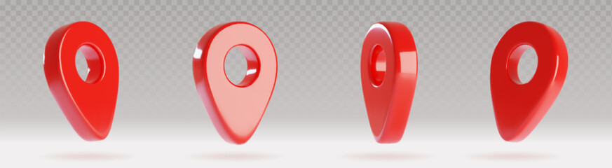 Poster - 3D map pins set isolated on transparent background. Vector realistic illustration of red gps navigator icons with soft shadows, travel app destination marks, delivery address symbol, tourism route