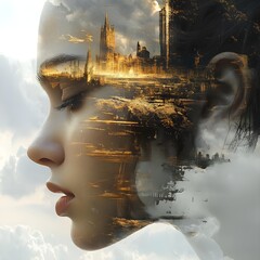 Poster - Surreal portrait of a woman with cityscape urban setting digital art dreamy atmosphere side view perspective