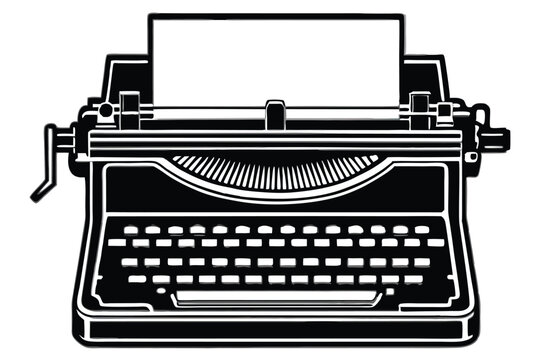Retro Black and White Typewriter Illustration, Vintage Design Element, Symbol of Journalism and Writing.