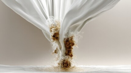 Poster - Dynamic flow of sand through white fabric creating abstract shapes and textures in a captivating visual display