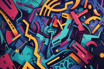 Fototapete - Colorful abstract geometric shapes and patterns. Digital artwork of vibrant color of shape with overlapping style for background. Abstract artwork of colorful shape. Design for poster, print. AIG51.