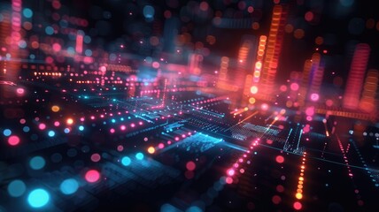 Poster - Abstract red and black digital network with glowing nodes and connection. Digital artwork of digital dots connecting together with glowing color.Technology innovation and communication concept. AIG53.