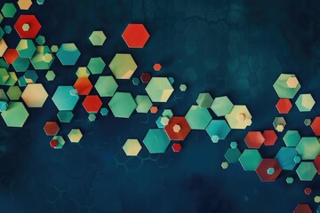 Poster - Geometric hexagon shapes in green and red on a dark background. 3D abstract design with depth and perspective. Background image of geometric shape with vibrant color. Technology innovation. AIG51.