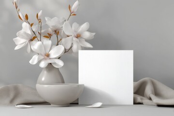 Poster - Elegant white magnolia flowers in a ceramic vase with a blank card on a neutral grey background for serene displays