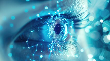 Poster - This image captures a bright, futuristic eye featuring abstract digital elements, showcasing innovation and creativity through light and color, perfect for technology-themed projects.