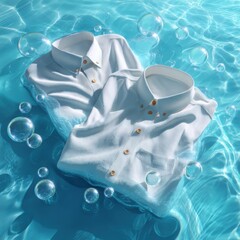 Poster - Shirts floating in clear blue water surrounded by bubbles near a bright light source during daytime hours