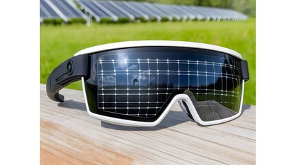 Poster - Smart glasses showcasing renewable energy data outdoor solar farm technology innovation bright environment close-up view