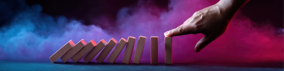 Fototapete - Disruptive Risk Management Minimalist Cinematic Financial Strategy Visualizing Crisis Prevention with Dynamic Domino Intervention in High-Contrast Digital Aesthetic