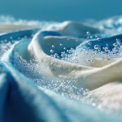 Poster - Bubbles form on fabric in soft blue tones under bright lighting during daytime wash activity
